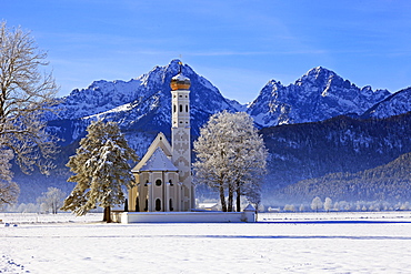 Church of St. Coloman and Tannheimer Alps near Schwangau, Allgau, Bavaria, Germany, Europe