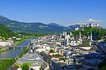 View from Moenchsberg Hill across Salzach River with Cathedral, Collegiate Church and Fortress Hohensalzburg, Salzburg, Austria, Europe