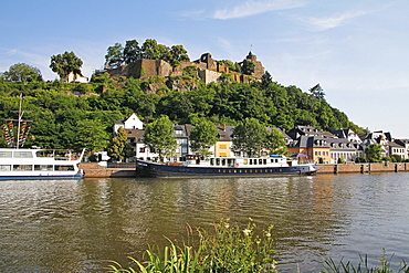 Tour Boats with Castle Ruin in Saarburg on Saar River, Rhineland-Palatinate, Germany, Europe