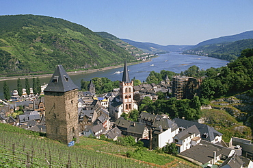 Aerial view over the town of Bacharach and the Rhine River, Rhineland, Germany, Europe