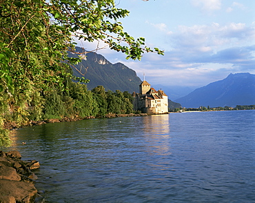 Chillon Castle and Lac Leman, near Montreux, Swiss Lakes, Switzerland, Europe