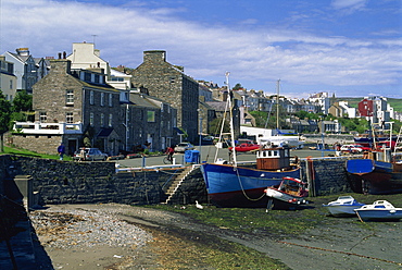 Fishing boat dried out in the Old Harbour, Port St. Mary, Isle of Man, United Kingdom, Europe