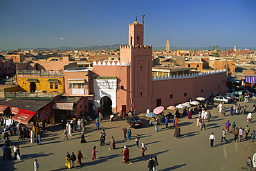 Mosque and Djemaa el Fna, Marrakesh, Morocco, North Africa, Africa