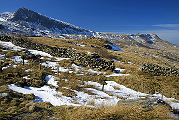 Summit of Cyfrwy on left, 811m, with ridge and summit of Gau Graig at far right, 683m, Snowdonia National Park, Wales, United Kingdom, Europe 