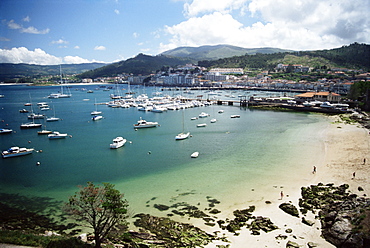 View of beach, harbour and town, Bayona, Galicia, Spain, Europe