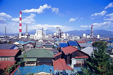 Industrial complex of paper mill and city skyline, Yoshiwara, Japan, Asia