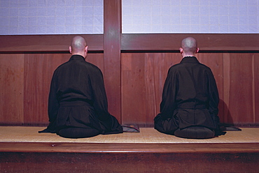 Two monks during Za-Zen meditation in the Sodo or Zazendo hall, Elheiji (Eiheiji) Zen monastery, Japan, Asia