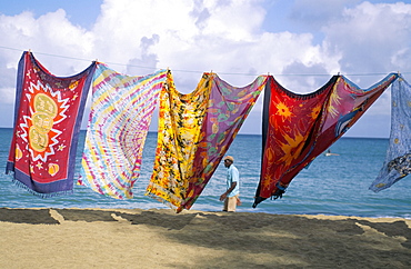 Batiks on line on the beach, Turtle Beach, Tobago, West Indies, Caribbean, Central America