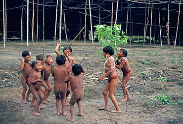 Yanomami children playing inside the yano, Toototobi, Roraima, Brazil, South America