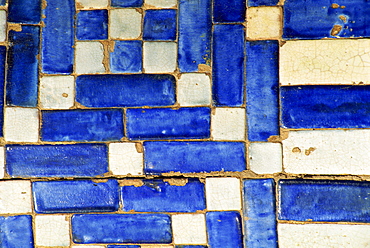 Architectural detail of typical blue and white tiles in Khiva, Uzbekistan, Central Asia, Asia