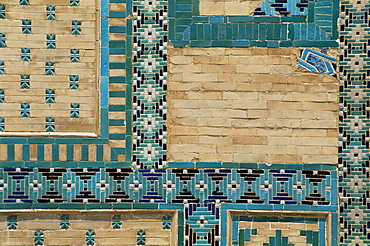 Close-up of turquoise ceramics, Shah-i-Zinda mausoleum, Samarkand, Uzbekistan, Central Asia, Asia