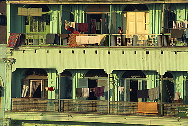 Detail of an apartment building facade, in the Indian Quarter, Yangon (Rangoon), Myanmar (Burma), Asia