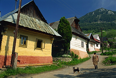 Woman and dog on a path beside wooden houses at Vikonec in the Liptov Region of Slovakia, Europe