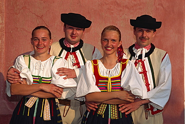 Two couples in traditional Slovak folk costume, Kezmarok, Slovakia, Europe