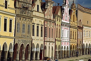 Facades on the 16th century Town Square in the town of Telc, UNESCO World Heritage Site, South Moravia, Czech Republic, Europe