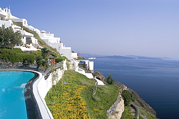 Clifftop hotel with view across islands, Oia, Santorini (Thira), Greece, Europe