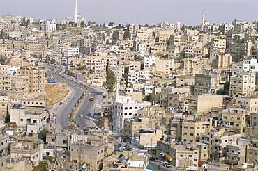 Aerial view of busy provincial city with dual carriageway, Jerash (Jarash), Jordan, Middle East