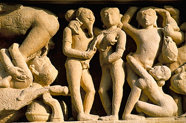 Erotic sculpture, temple detail, Khajuraho, UNESCO World Heritage Site, India, Asia