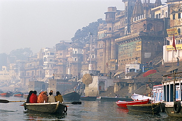 Boat on the River Ganges at dawn, Varanasi (Benares), Uttar Pradesh, India, Asia