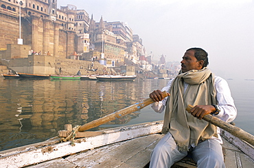 Boat on the River Ganges at dawn, Varanasi (Benares), Uttar Pradesh, India, Asia