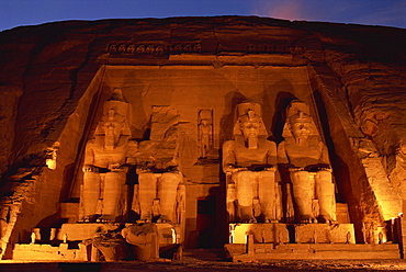 Colossi of Ramses II, floodlit, Great Temple of Ramses II, Abu Simbel, UNESCO World Heritage Site, Egypt, North Africa, Africa