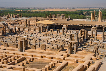 Overview of Persepolis from Tomb of Artaxerxes III, Palace of 100 Columns in foreground, UNESCO World Heritage Site, Iran, Middle East