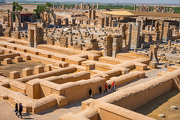 Overview of Persepolis from Tomb of Artaxerxes III, Palace of 100 Columns in centre, Treasury in foreground, UNESCO World Heritage Site, Iran, Middle East