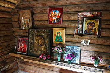 Interior of small Orthodox chapel, built in 1698, renovated between 2008 and 2009, dedicated to St. Anastasia, Uusvada, Setomaa, SE Estonia, Europe