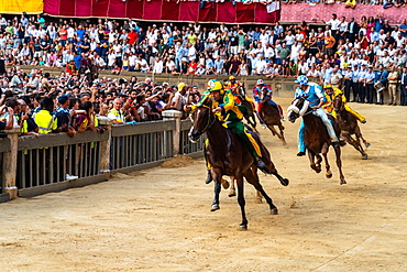 Jockeys in colourful outfits representing their respective neighbourhoods at full pelt at the Palio, a bareback horserace, Siena, Tuscany, Italy, Europe