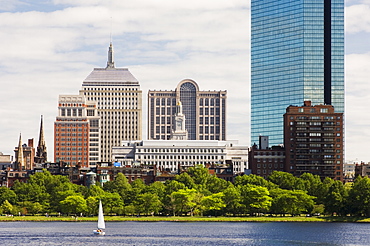 The John Hancock Tower and city skyline across the Charles River, Boston, Massachusetts, USA