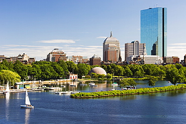 The John Hancock Tower and city skyline across the Charles River, Boston, Massachusetts, USA