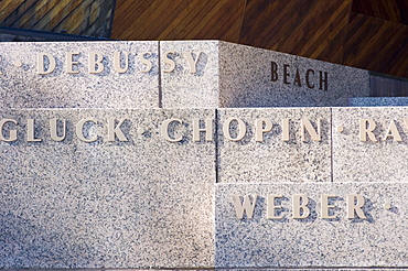 The Hatch Memorial Shell, close up of composer's names, Boston, Massachusetts, USA