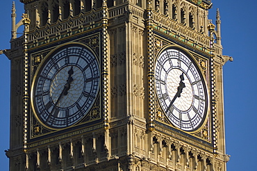 Close up of Big Ben's clock face, Houses of Parliament, Westminster, London, England, United Kingdom, Europe