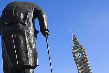 Big Ben and the Sir Winston Churchill statue, Westminster, London, England, United Kingdom, Europe