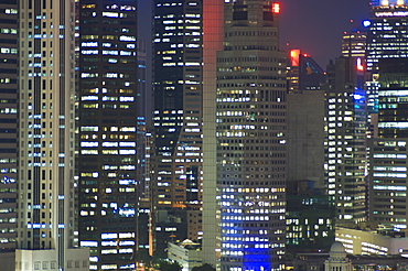 Close up of buildings in the Financial District at night, Singapore, South East Asia