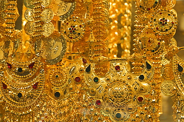 Close-up of gold jewelry in the Gold Souk, Deira, Dubai, United Arab Emirates, Middle East
