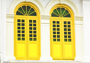 Colourfully painted window shutters in Little India, Singapore, Southeast Asia, Asia