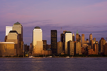 Lower Manhattan skyline across the Hudson River at dusk, New York City, New York, United States of America, North America