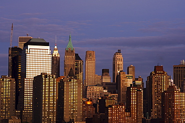 Lower Manhattan skyline across the Hudson River at dusk, New York City, New York, United States of America, North America