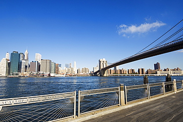 Manhattan skyline, Brooklyn Bridge and the East River from the Fulton Ferry Landing, Brooklyn, New York City, New York, United States of America, North America