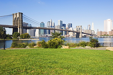 Manhattan skyline, Brooklyn Bridge and the East River from Brooklyn Bridge Park, New York City, New York, United States of America, North America