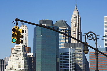 Traffic signals and tall buildings, New York City, New York, United States of America, North America