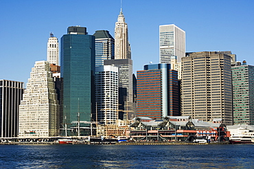 South Street Seaport and tall buildings beyond, Manhattan, New York City, New York, United States of America, North America