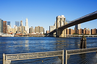 Brooklyn Bridge and Manhattan from Fulton Ferry Landing, Brooklyn, New York City, New York, United States of America, North America