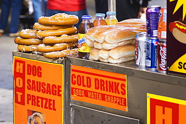 Hot dog and pretzel stand, Manhattan, New York City, New York, United States of America, North America