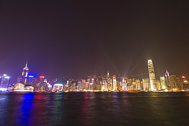 Light show over Hong Kong Island skyline, Hong Kong, China, Asia