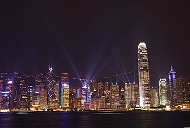 Nightly sound and light show over Hong Kong Island skyline, Hong Kong, China, Asia