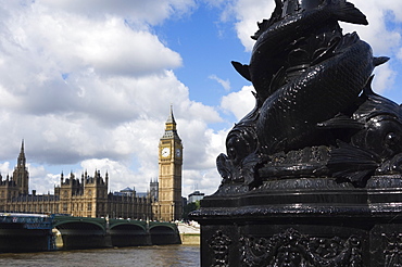 Lamp post with fish entwined design opposite the Houses of Parliament, Westminster, London, England, United Kingdom, Europe