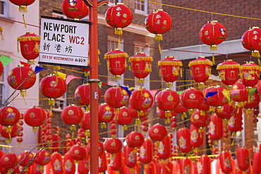 Chinatown, during Chinese New Year celebrations colourful lanterns decorate the surrounding streets, Soho, London, England, United Kingdom, Europe