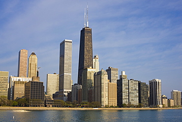 John Hancock Center and Near North Chicago skyline from Lake Michigan, Chicago, Illinois, United States of America, North America